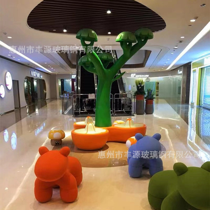 玻璃钢休闲椅组合创意蘑菇树儿童卡通雕塑休憩凳商场美陈等候坐凳
