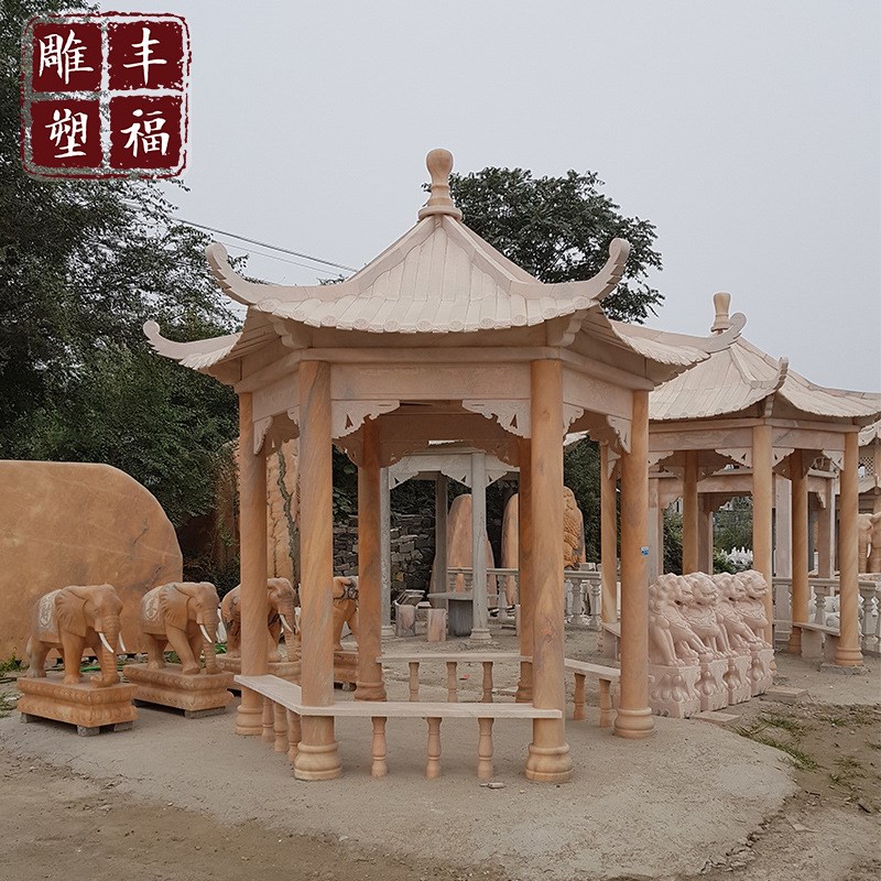 石雕罗马柱栏板阳台柱 晚霞红中式六角亭子雕塑 U大理石凉亭摆件