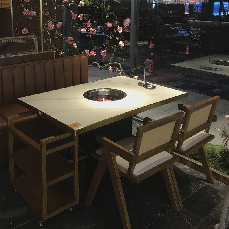大理石火锅桌g烧烤电磁炉火锅桌不锈钢边框镶嵌包大理石商用轻奢
