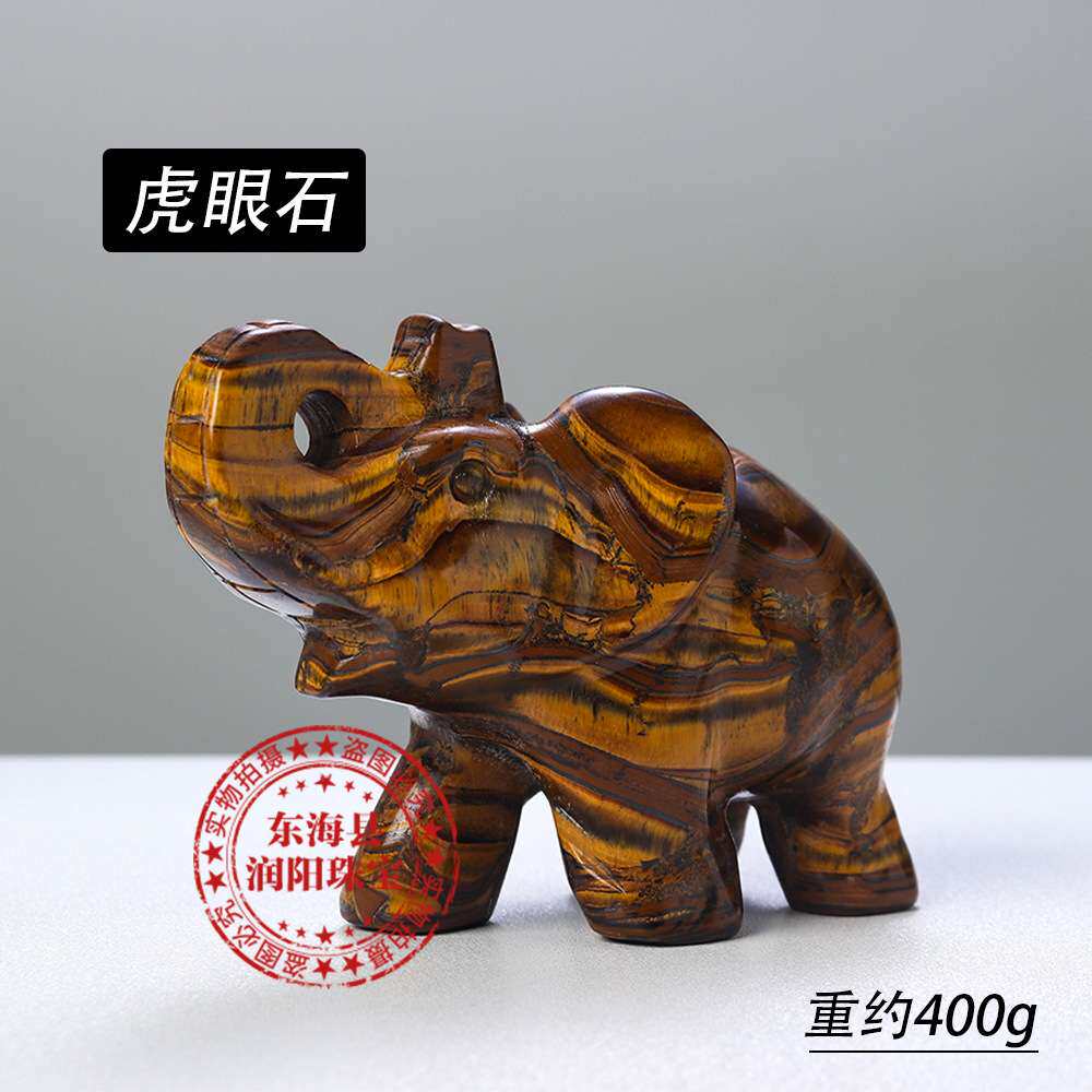 热销天然水晶粉晶虎眼石绿水草玛瑙大象装饰大师手工雕刻件