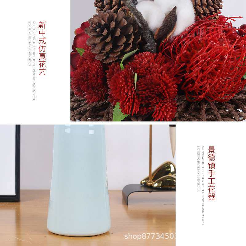 新中式红色仿真花艺摆件样板房餐桌客厅绿植盆景售楼处植物装饰品