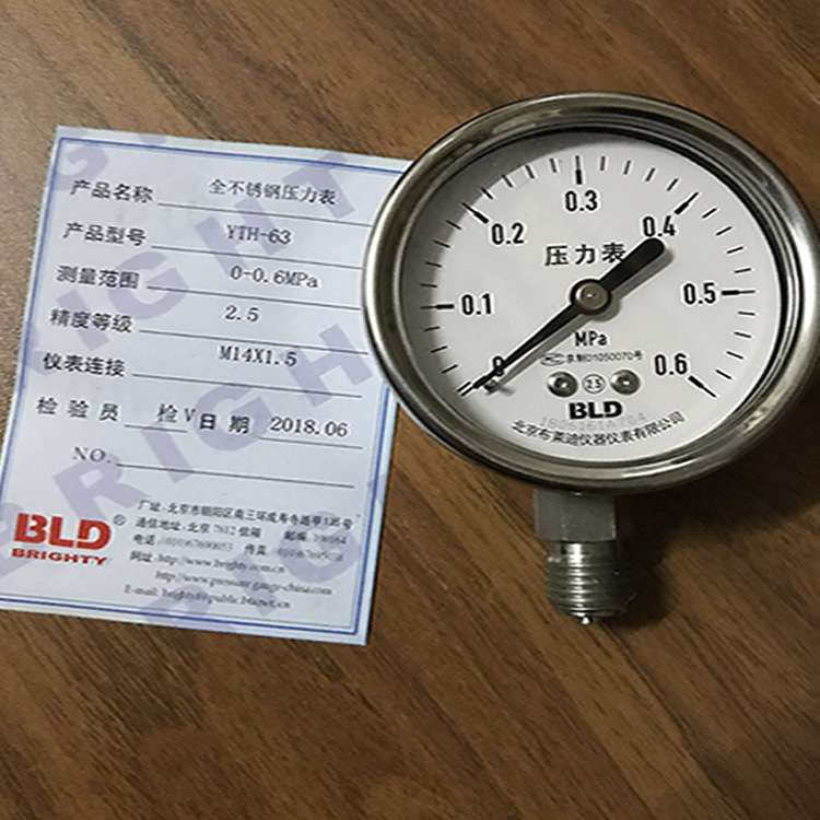 北京布莱迪压力表 全不锈钢压力表 YTH-63 0-0.6MPA M14*1.5