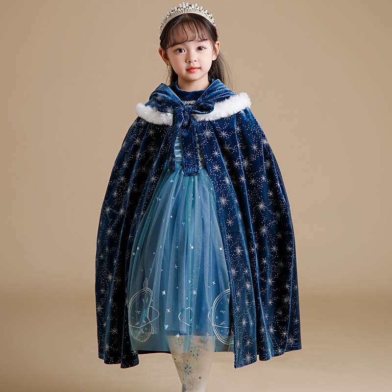 蓝色丝绒女童艾莎裙网纱裙摆带星点甜美公主气质优雅冬季新款