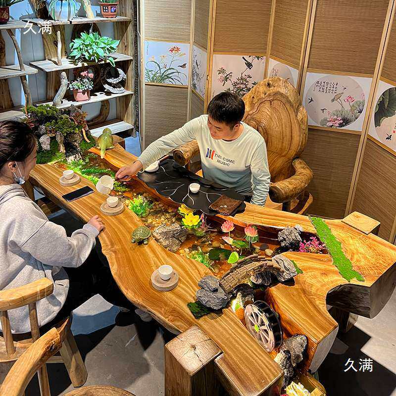 新中式流水茶桌景观一体网红大茶台原木禅意茶几民宿实木养鱼桌