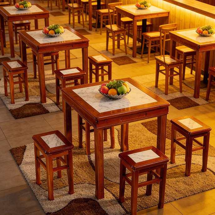 仿古中式小方桌面馆饭店桌椅大理石实木糖水凉茶店餐桌椅组合4人