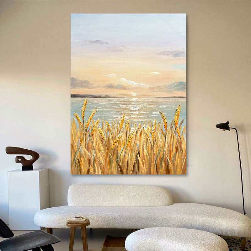 手绘油画金色麦田客厅玄关装饰画海景挂画酒店走廊大幅客厅落地画