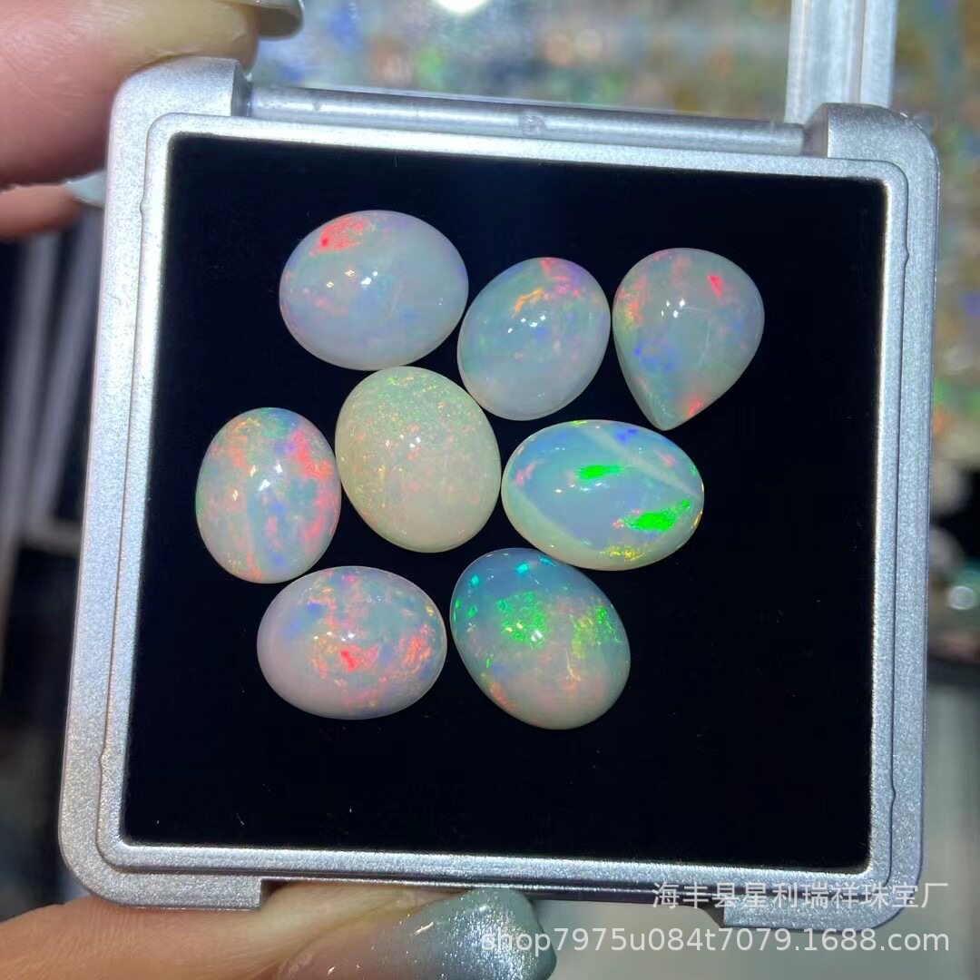 天然蛋白石澳宝白欧泊椭圆形戒面裸石五彩缤纷彩虹晶体火彩闪艳