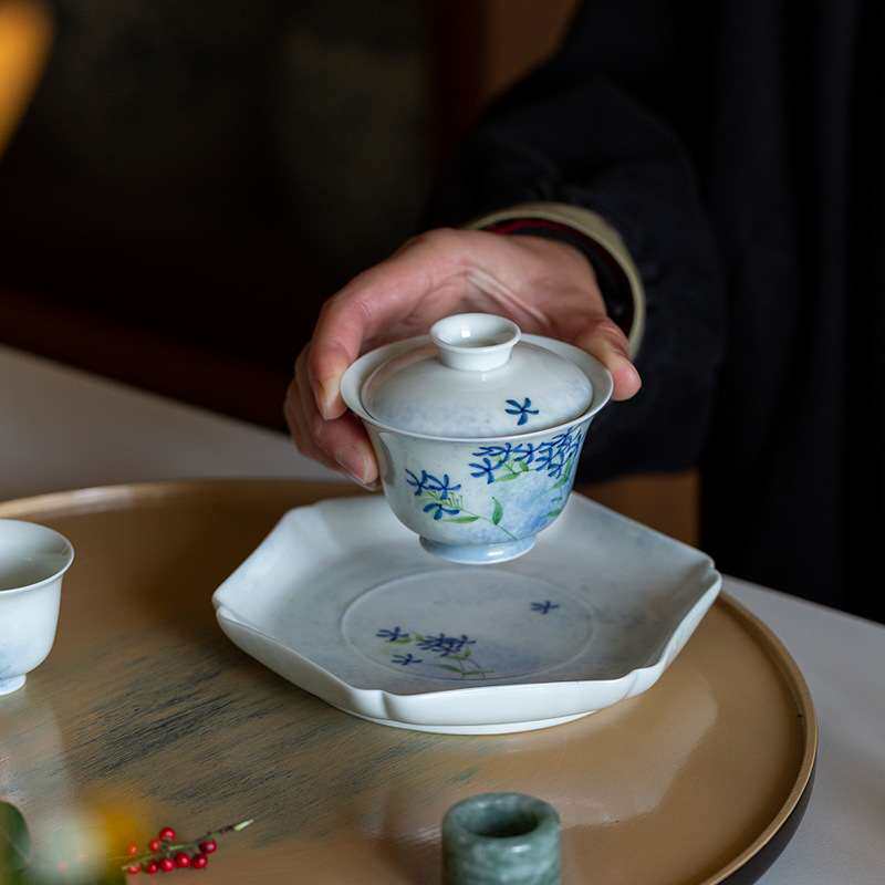 纯手绘风铃花盖碗茶杯防烫单个蓝色三才茶碗高档釉下彩泡茶碗茶具