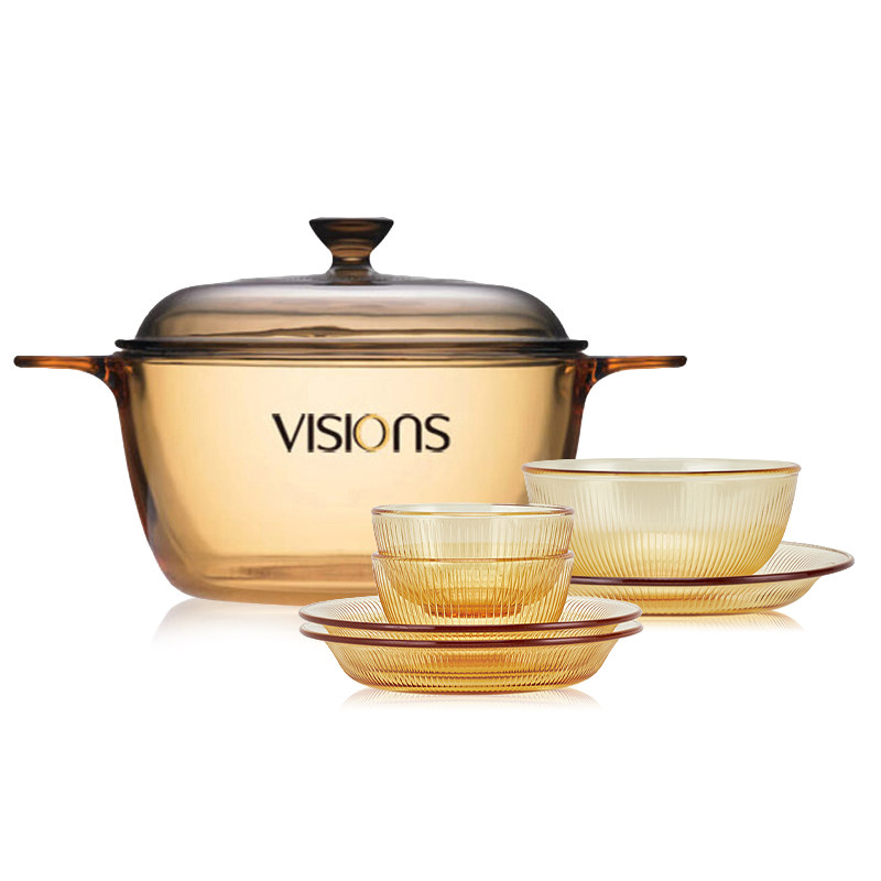 康宁餐具visions晶彩双耳玻璃透明锅汤锅餐具7件套家用炖锅套装图片