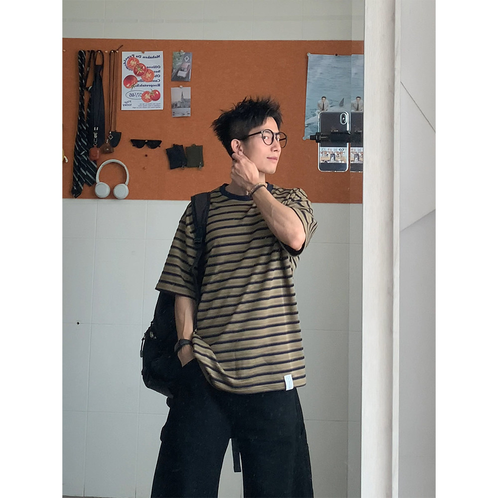 日系复古细条纹短袖T恤衫
