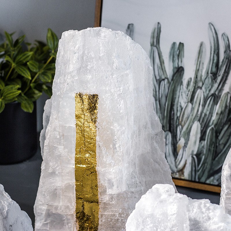 新中式桌面山峰摆件天然晶石金箔山客厅玄关假山装饰软装轻奢摆件