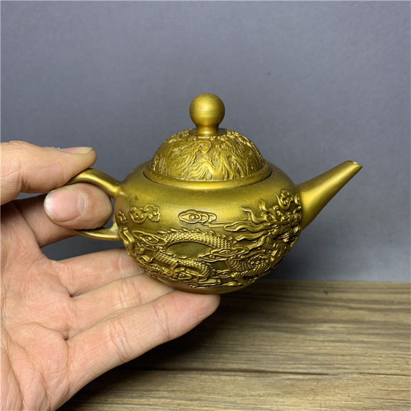 古玩老物件老铜双龙戏珠铜茶壶精工鎏金铜壶水酒壶古董收藏小摆件
