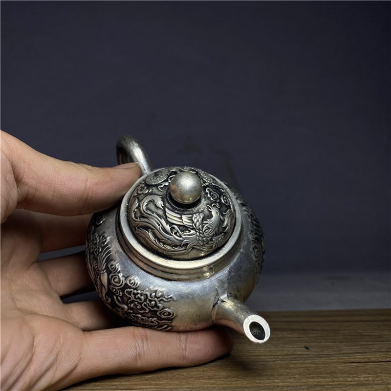 古玩铜壶茶宠摆件龙凤呈祥浮雕小铜壶龙游天下铜茶壶厚重鎏银酒壶