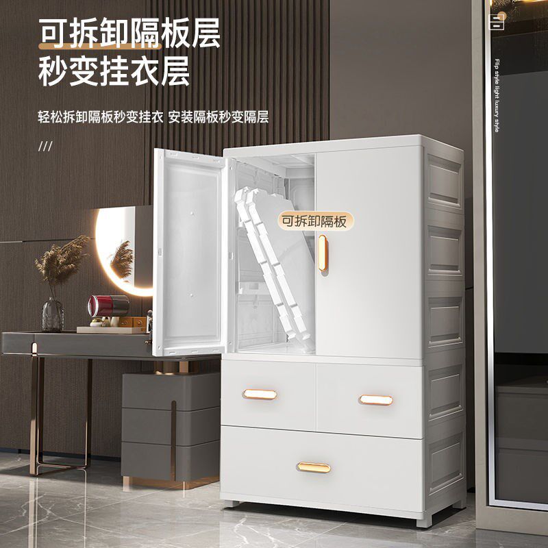60CM宽加厚儿童衣柜简易卧室塑料柜子欧式双开门抽屉式挂衣收纳柜