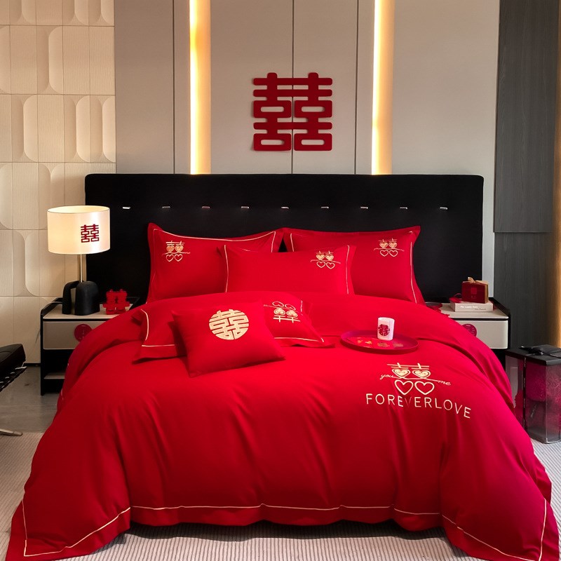 结婚四件套大红色婚嫁新婚床上用品婚房陪嫁被套床单婚礼被罩