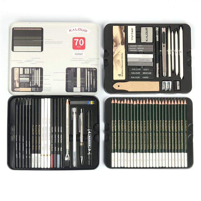 厂家新品直销 70件铁盒素描铅笔套装 绘画铅笔工具套装美术用品