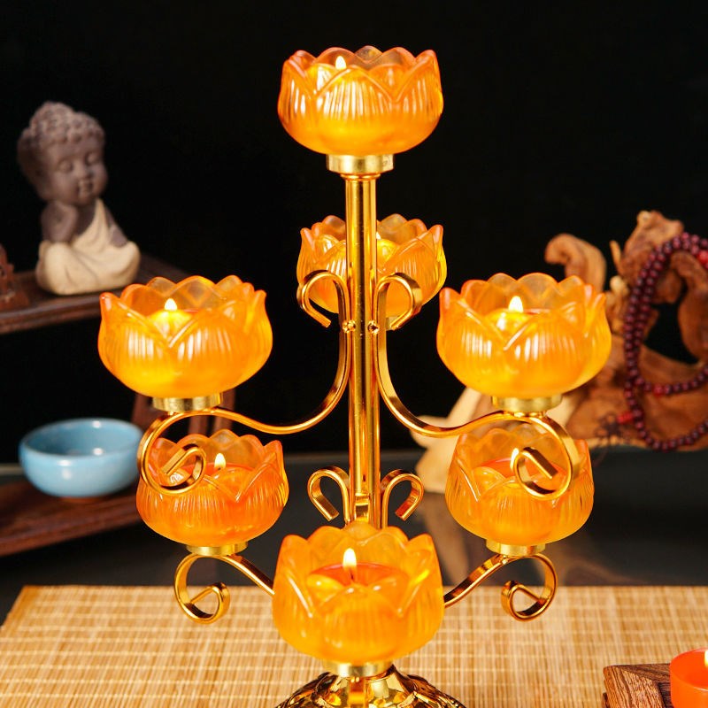 七星琉璃烛台家用酥油灯座莲花灯架蜡烛台佛前供灯九品琥珀色彩色