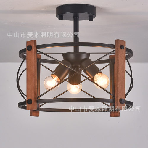 美式复古工业风实木铁艺吸顶灯