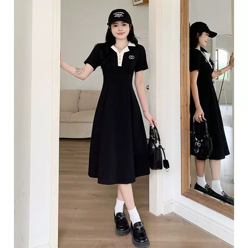 大码黑色polo领连衣裙女