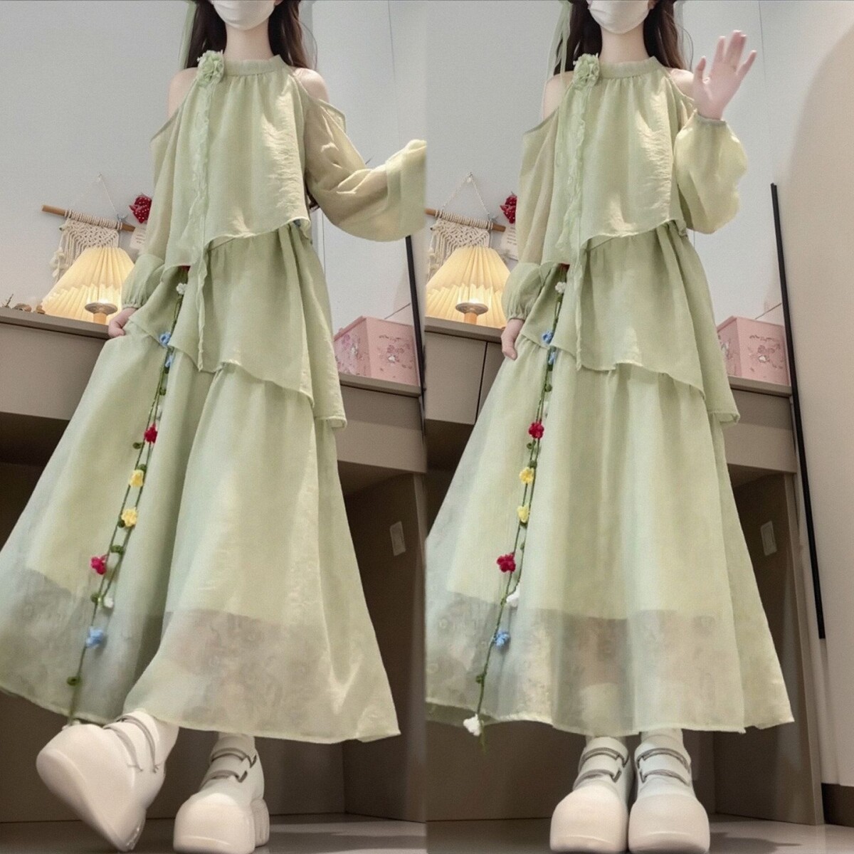 法式绝美露肩挂脖连衣裙