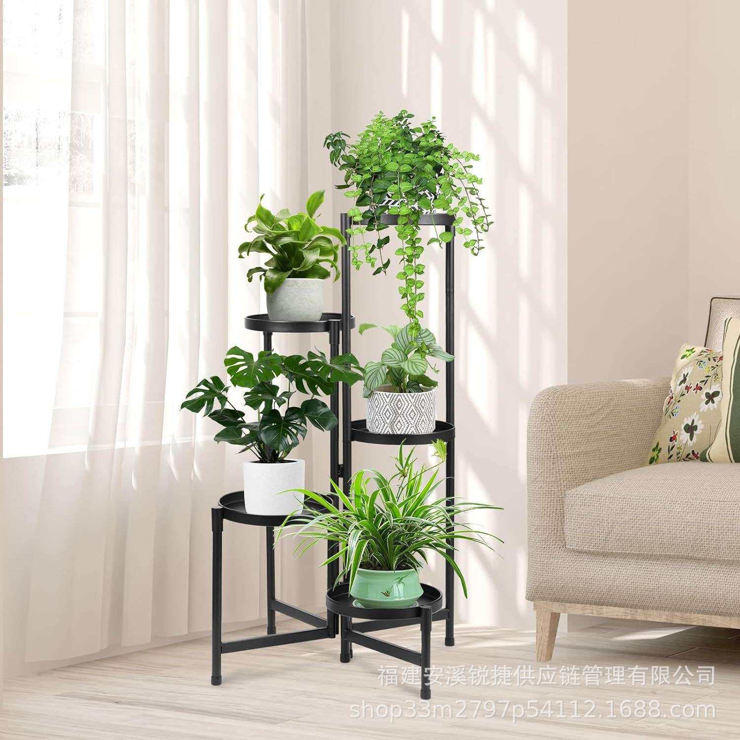 金属植物架室外室内- 5层可折叠角落高植物架用于多种植物,黑色