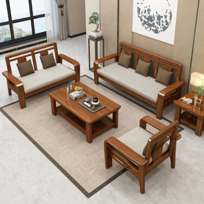 ?实木沙发现代中式冬夏两用家具简约三人位木头全农村小户型经