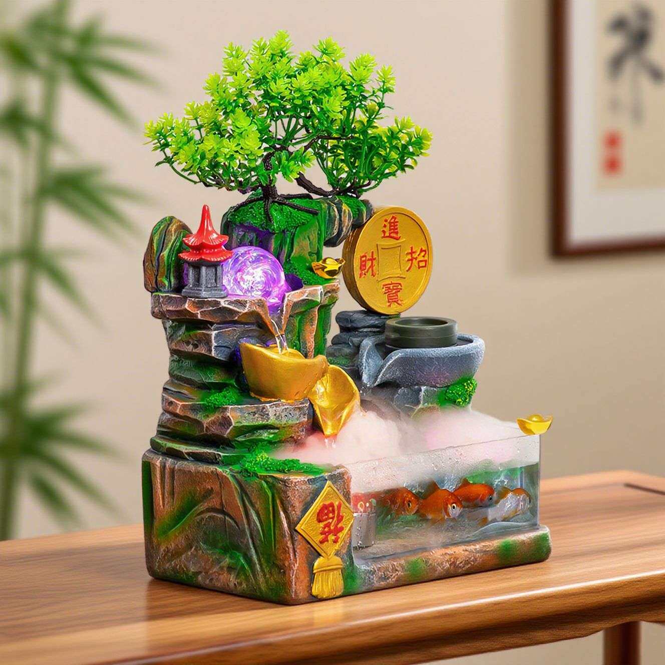 外贸招财进宝小假山流水喷泉灯圈鱼缸工艺品办公室家居树脂摆件