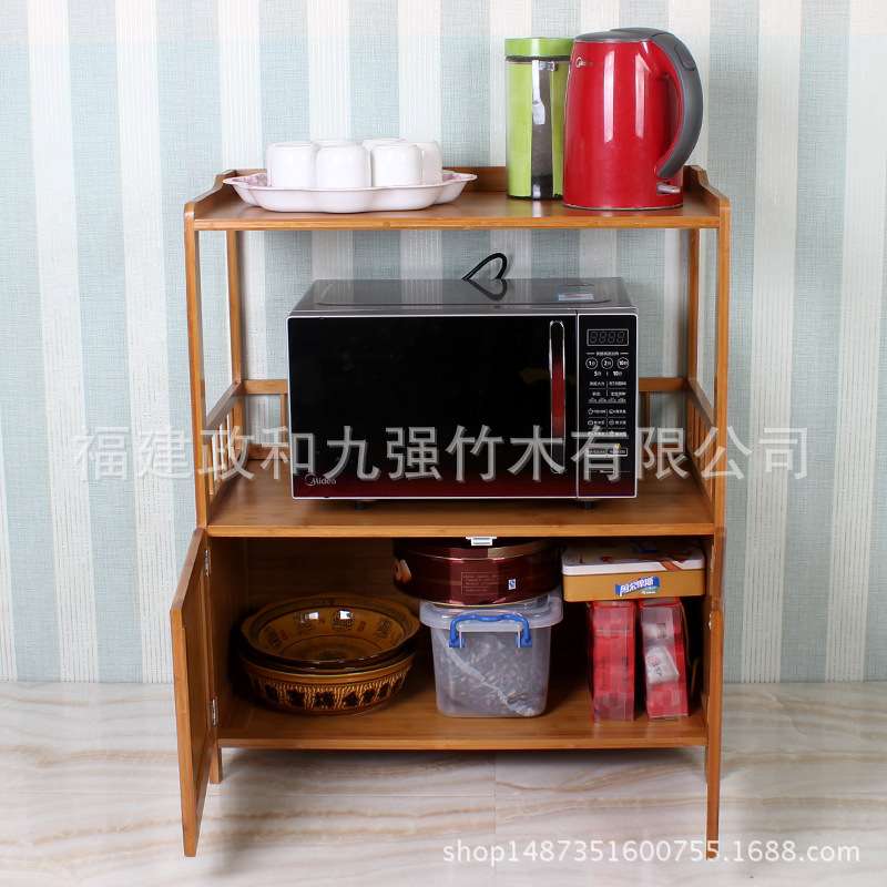 九强 碗柜 厨房置物架 楠竹收纳柜 微波炉餐边 实木三层橱柜