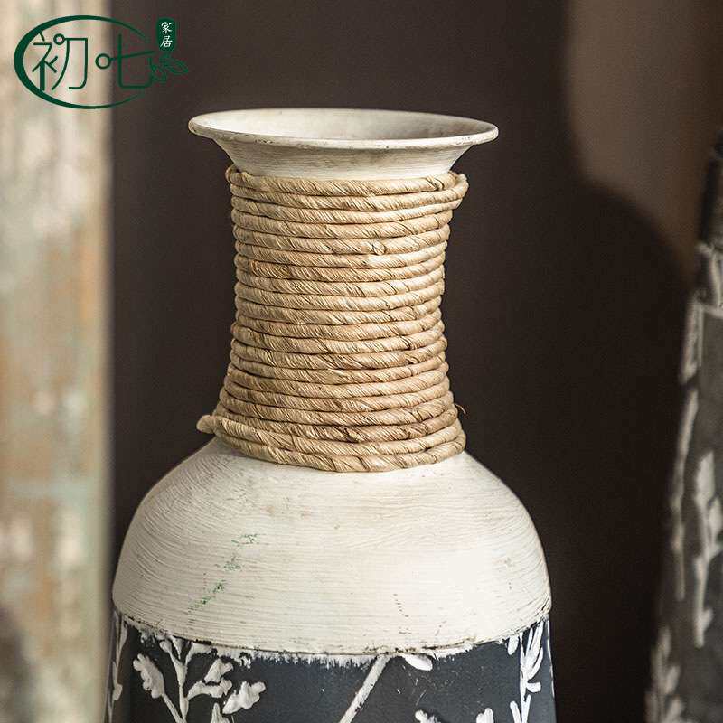 客厅酒店玄关装饰摆件 民宿插画圆瓶子 美式铁艺印花复古落地花瓶