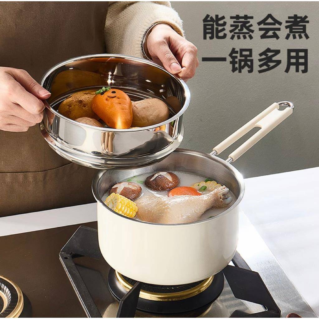 无涂层食品级304三层钢陶钢宝宝辅食锅奶锅煎煮一体汤锅煮奶热奶