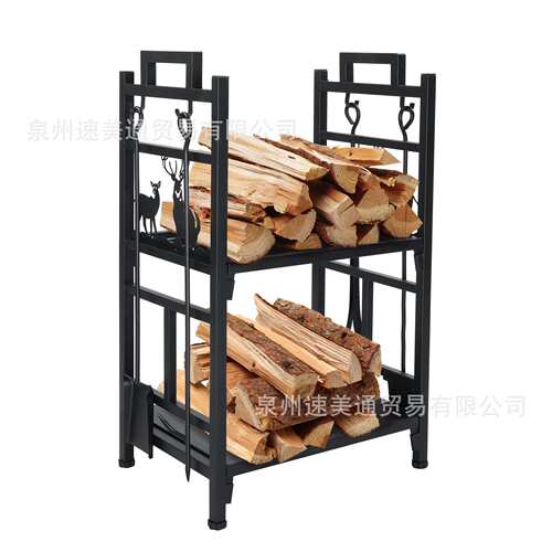 跨境Temu壁炉木支架2层铁火木架与4个火坑工具集储存堆垛组装