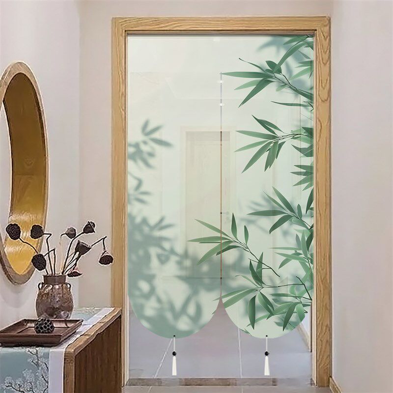 绿竹新中式门帘隔断帘家用半透明透景帘子卧室厨房免打孔布帘子