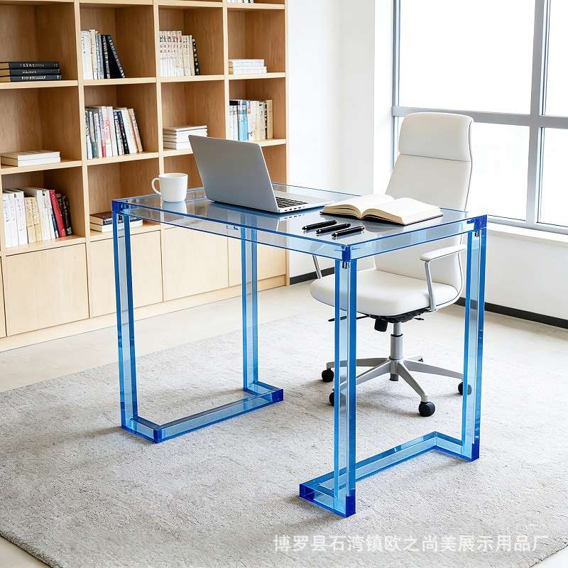 亚克力蓝色书桌现代简约透明桌子客厅多巴胺餐桌卧室创意梳妆桌