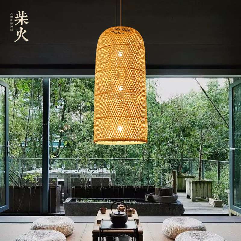 禅意竹编吊灯竹灯新中式灯笼酒店茶楼梯饭店日式藤艺编织灯罩灯具