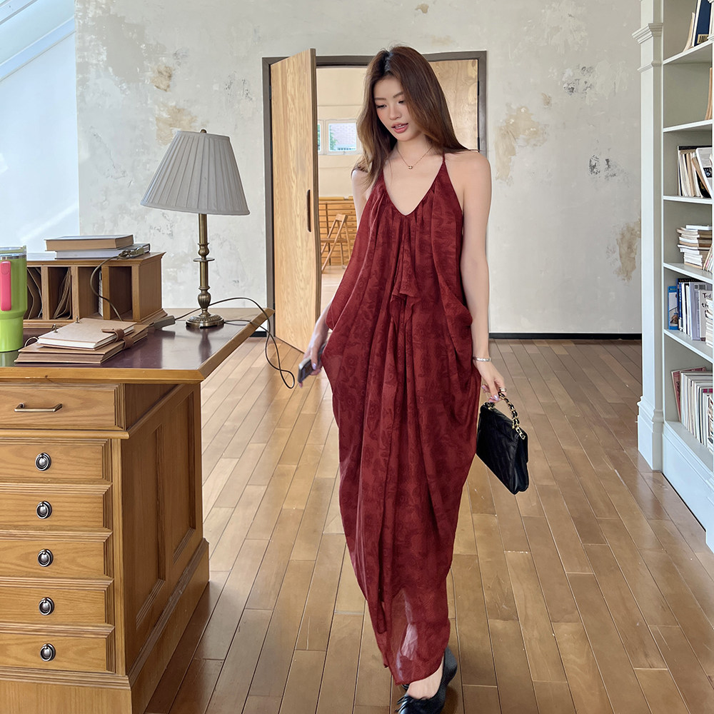 夏装新款天丝V领挂脖吊带连衣裙女海边度假露背长裙子吊带裙女款