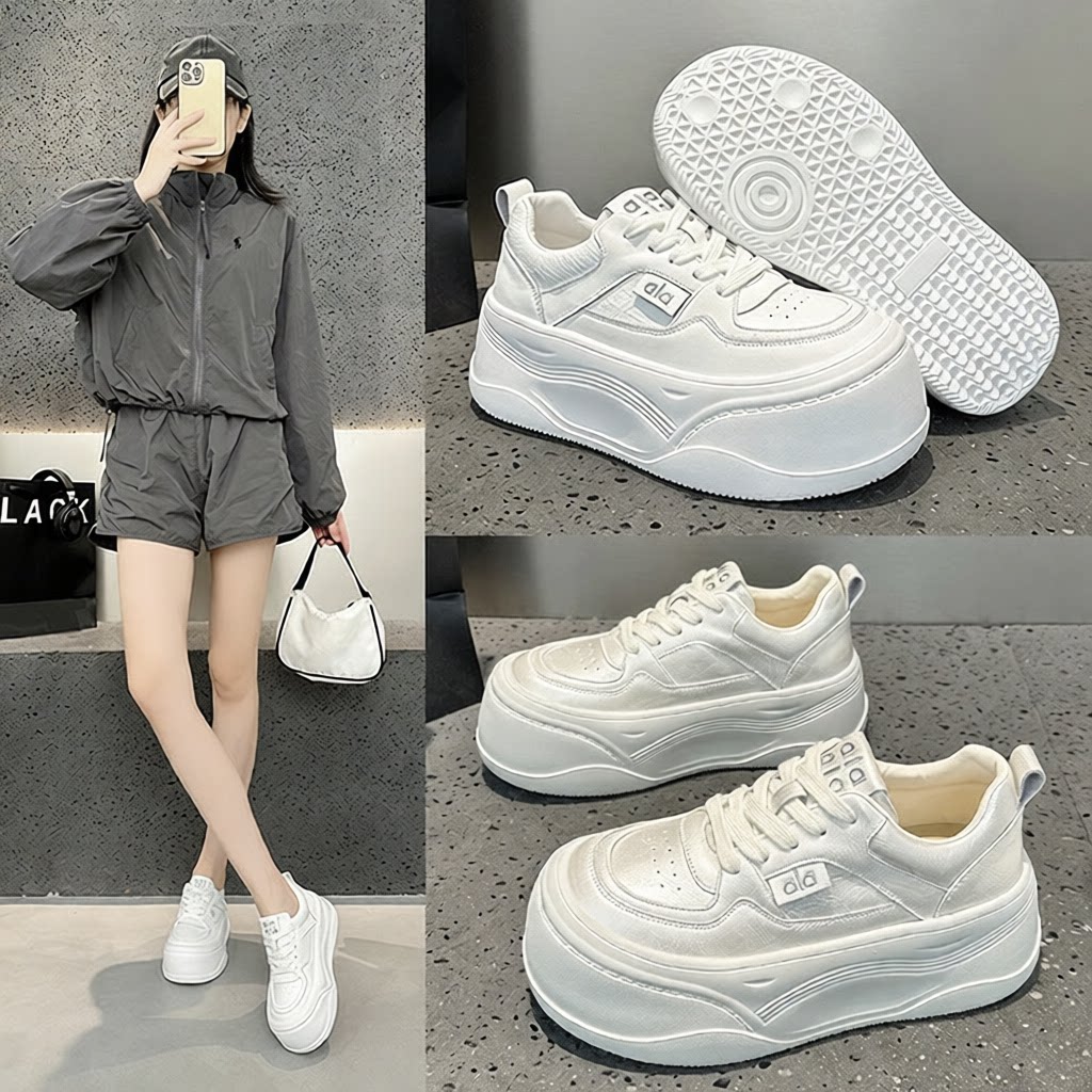 超轻加绒网红小白鞋女秋冬新款面包鞋真皮松糕厚底小个子板鞋