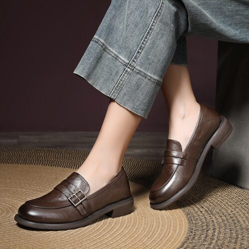 2026新款牛皮中跟乐福鞋英伦风百搭一脚蹬小皮鞋jk制服舒适单鞋
