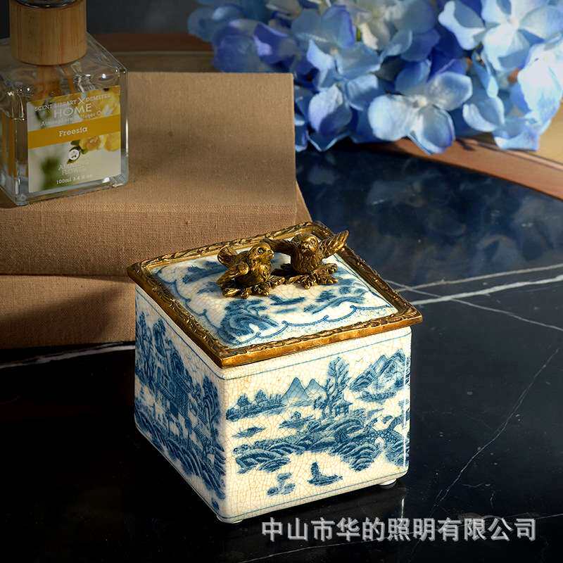 欧式陶瓷镶铜小四方盒装饰盒古典客厅收纳盒摆设桌面小饰品盒