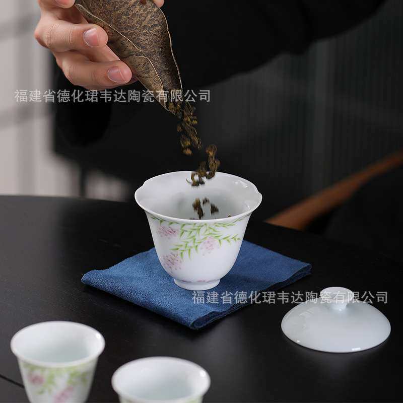 手绘紫藤花葵口小盖碗旅行茶具套装单人喝茶便携式快客杯一壶两杯