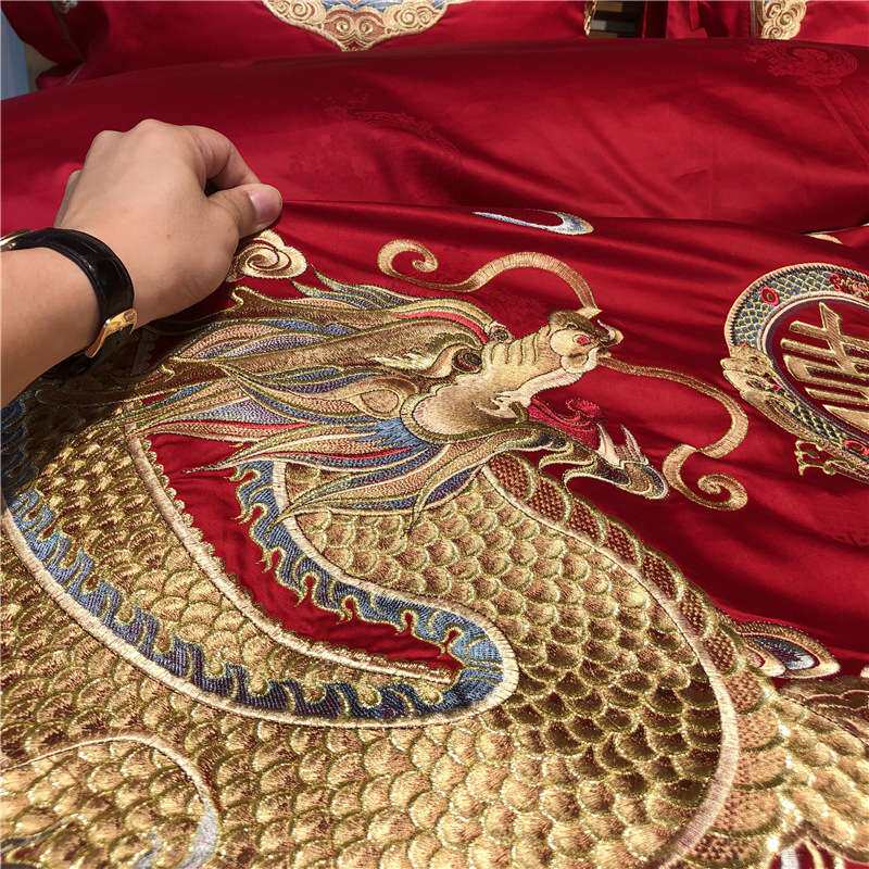 中国风婚庆四件套丨全棉100支贡缎提花刺绣多件套 结婚龙凤套件