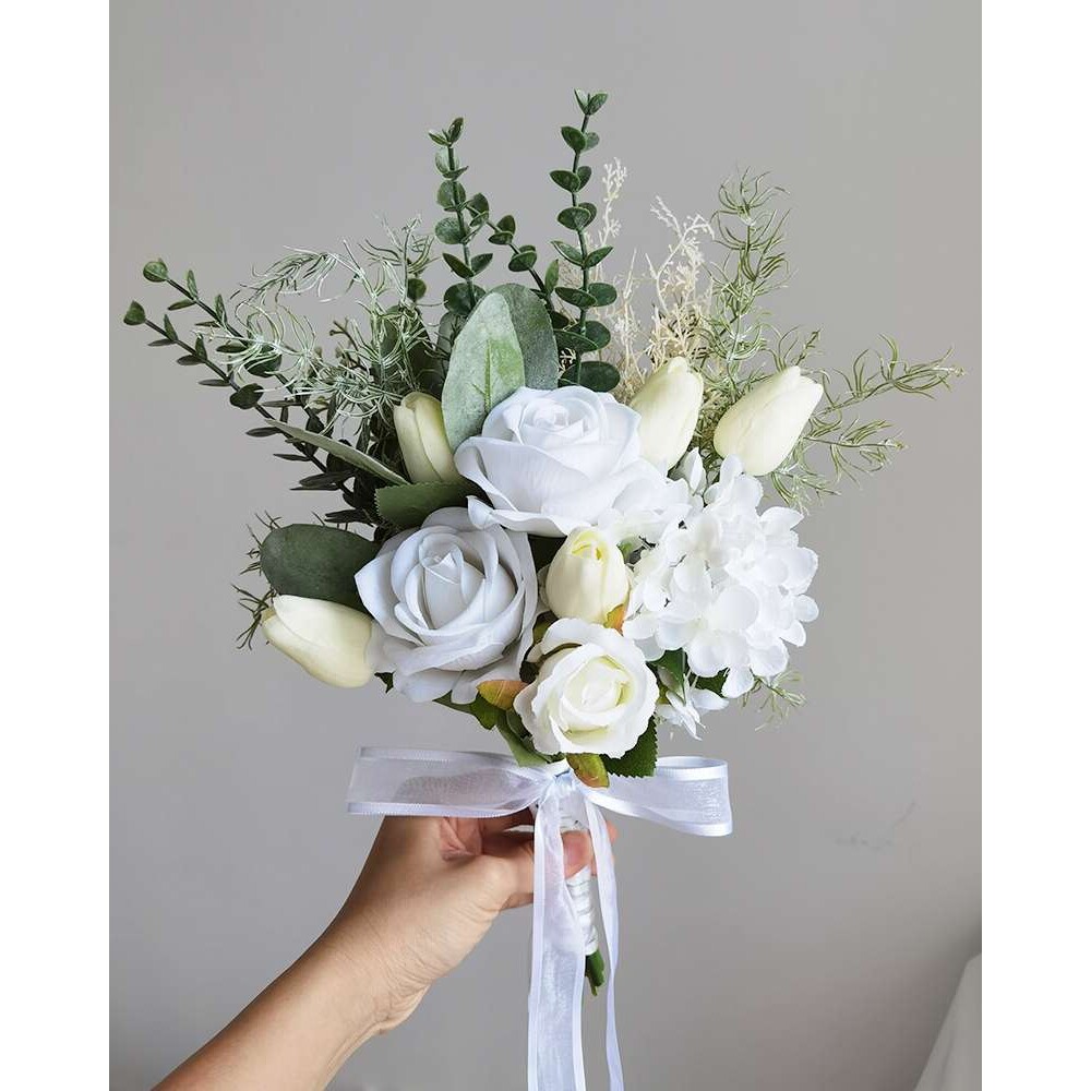 白色郁金香花新娘手捧花婚礼拍照道具绢花家居饰品