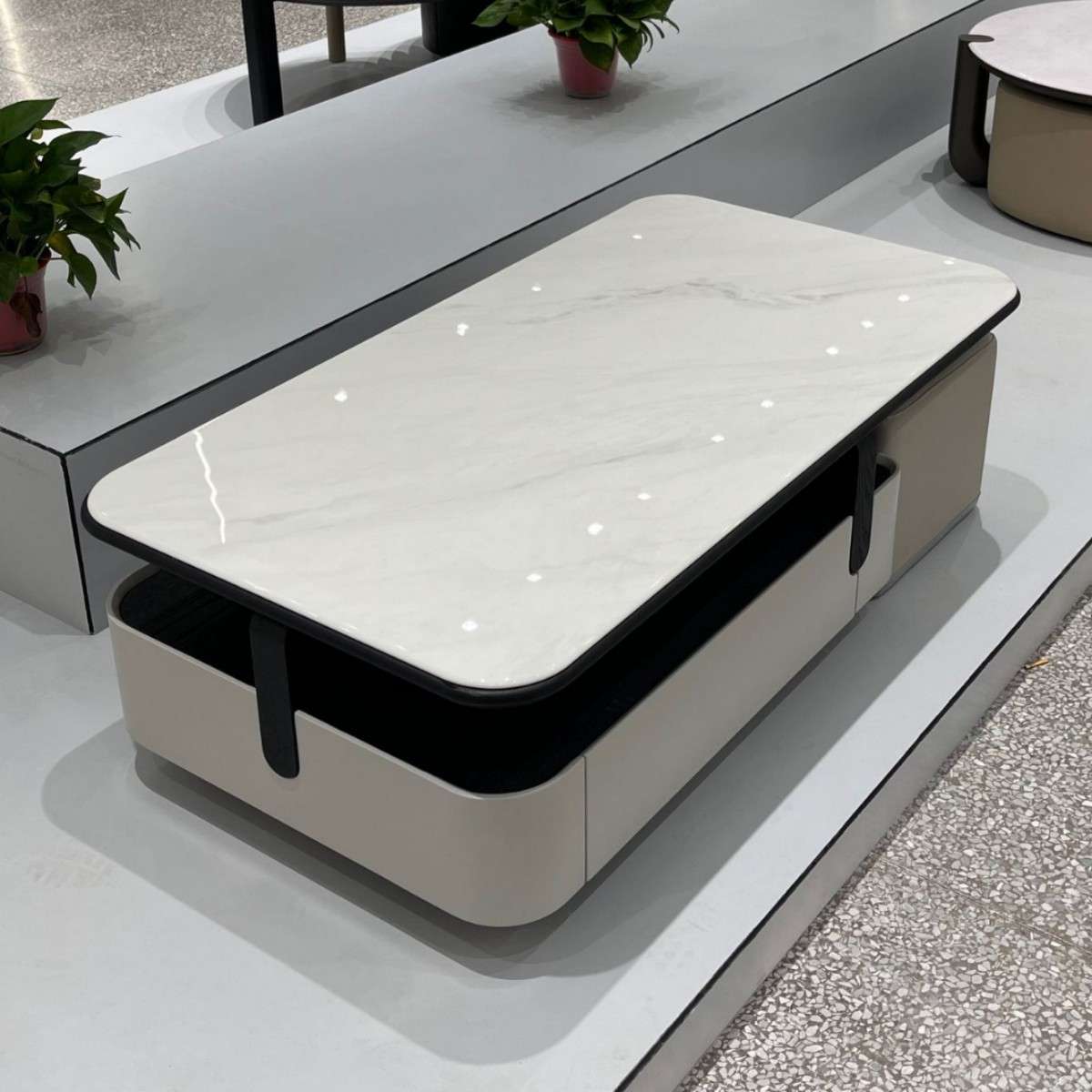 佛山家具茶几中古风极简微晶石方形茶几家用小户型伸缩带凳子创意