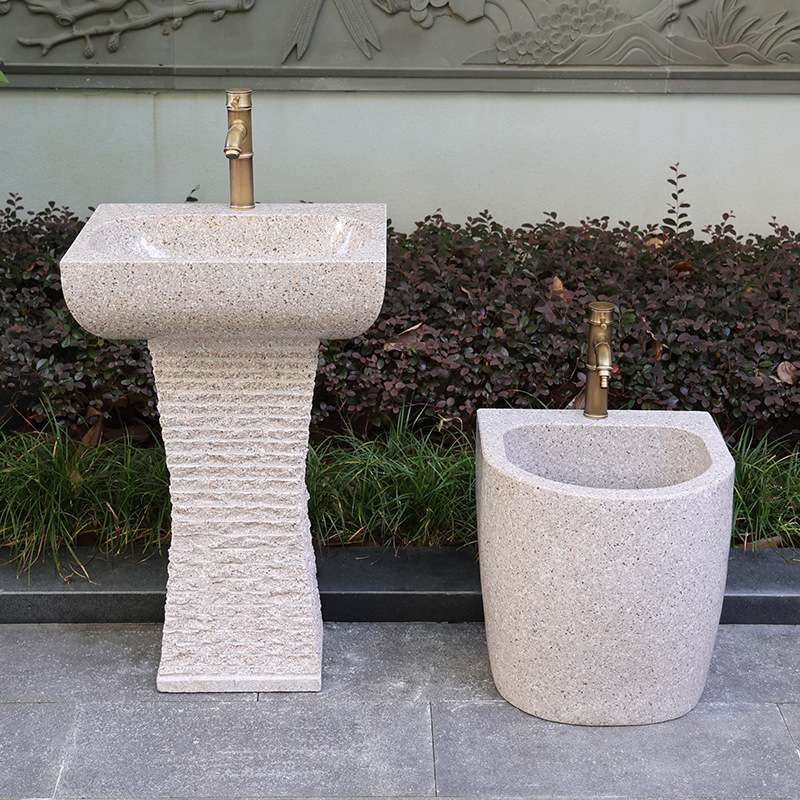 户外石头洗手一体台盆庭院水池落地式脸盆室外大理石材立柱盆水槽
