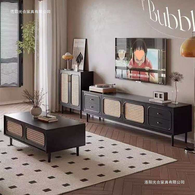 美式复古电视柜茶几组合客厅简约家具黑白色美式中古风茶几电视柜