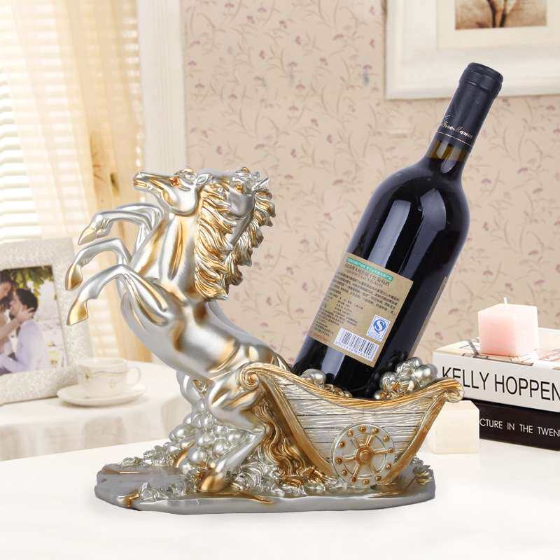 树脂工艺品 欧式香槟色双马拉车酒架摆件 家居客厅酒柜装饰摆设