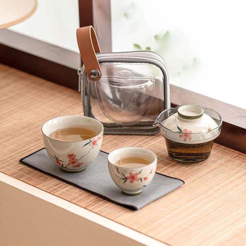 手绘桃花陶瓷旅行茶具套装便携式单人户外泡茶装备快客杯一壶二杯