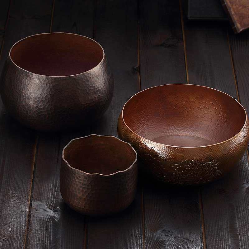 纯铜茶洗小大号紫铜手工锤纹洗水盂建水水洗笔洗茶盂茶具配件