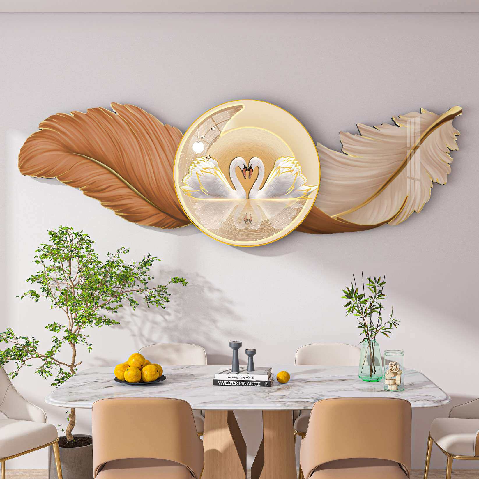 现代轻奢创意羽毛餐厅装饰画组合雕刻画床头沙发背景挂画