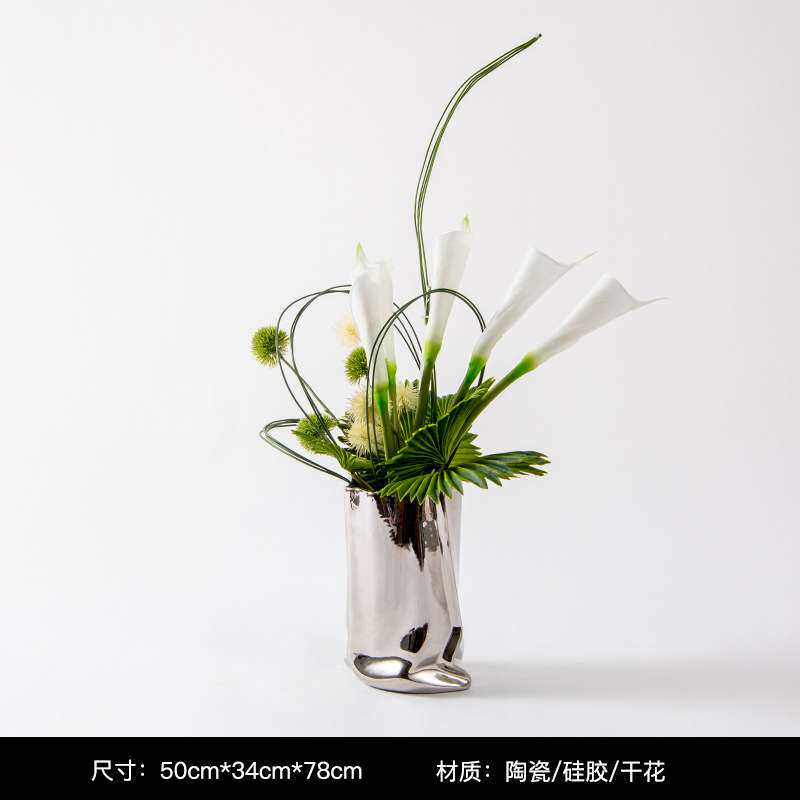 现代轻奢银色陶瓷插花仿真花艺样板房客厅办公室洽谈桌装饰品摆件