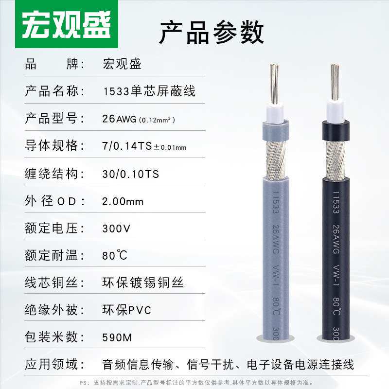 宏观盛一件代发缠绕线1533#26AWG音频线灰色麦克风咪头单芯屏蔽线